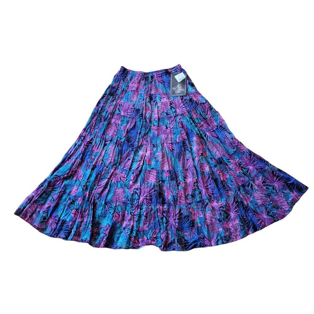Jane Ashley M Tropical Floral Bold Multi Color Maxi Skirt Crinkle Peasant Gypsy